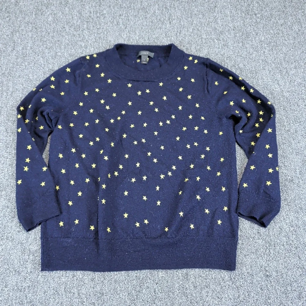 J.Crew Celestial Star Embroidered Sweater Women L Navy Blue 100% Merino Wool